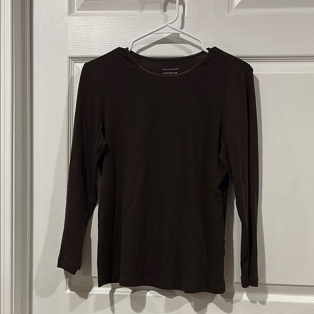Christopher & Banks Long Sleeve Crewneck Top in Chocolate Brown